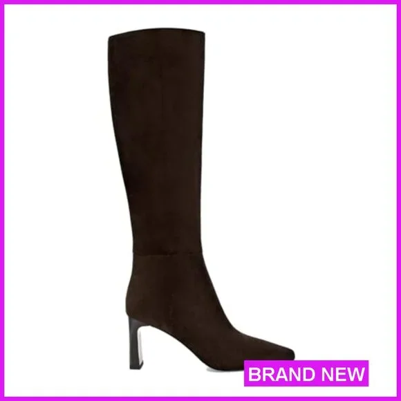 Knee High Boots Square Toe Chunky Heel Side Zipper Wide Calf Dress Boots - Picture 4 of 5